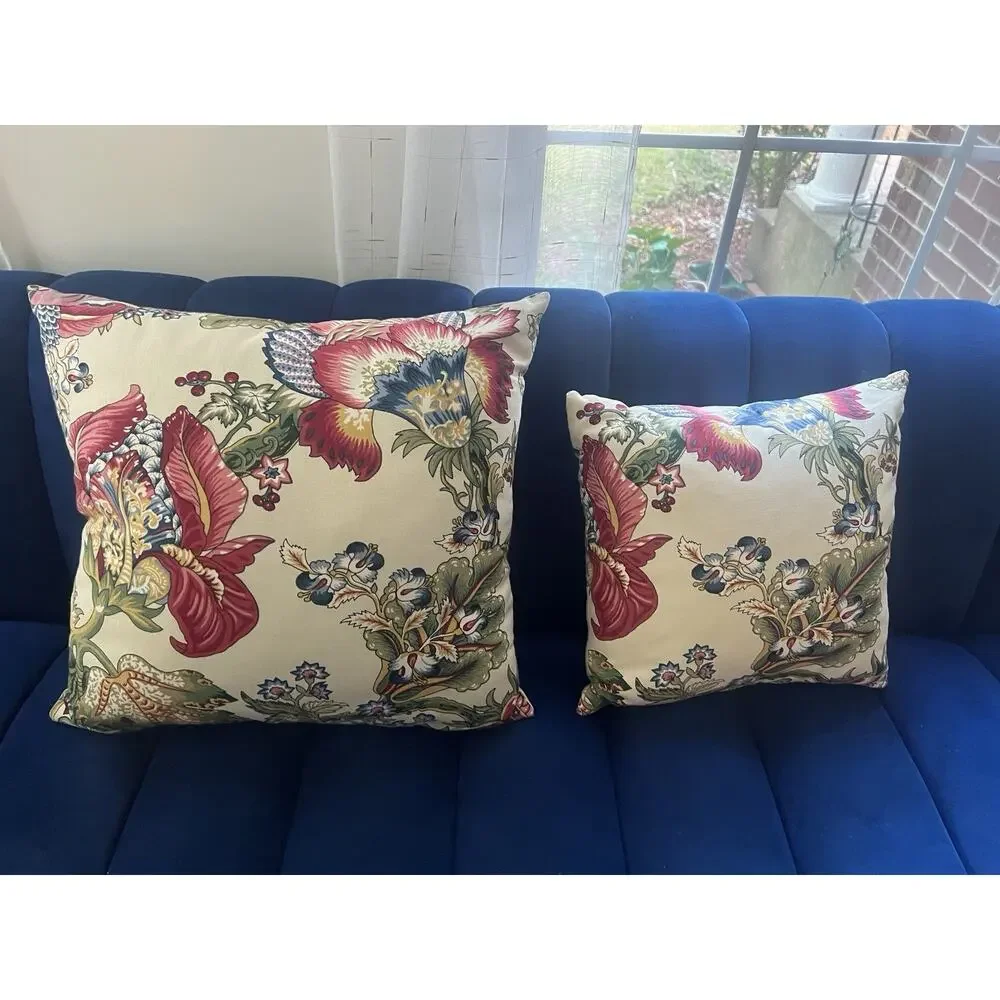 Custom Jacobean Floral Pillows Pair 18” 12” English Country Designer Fabric
